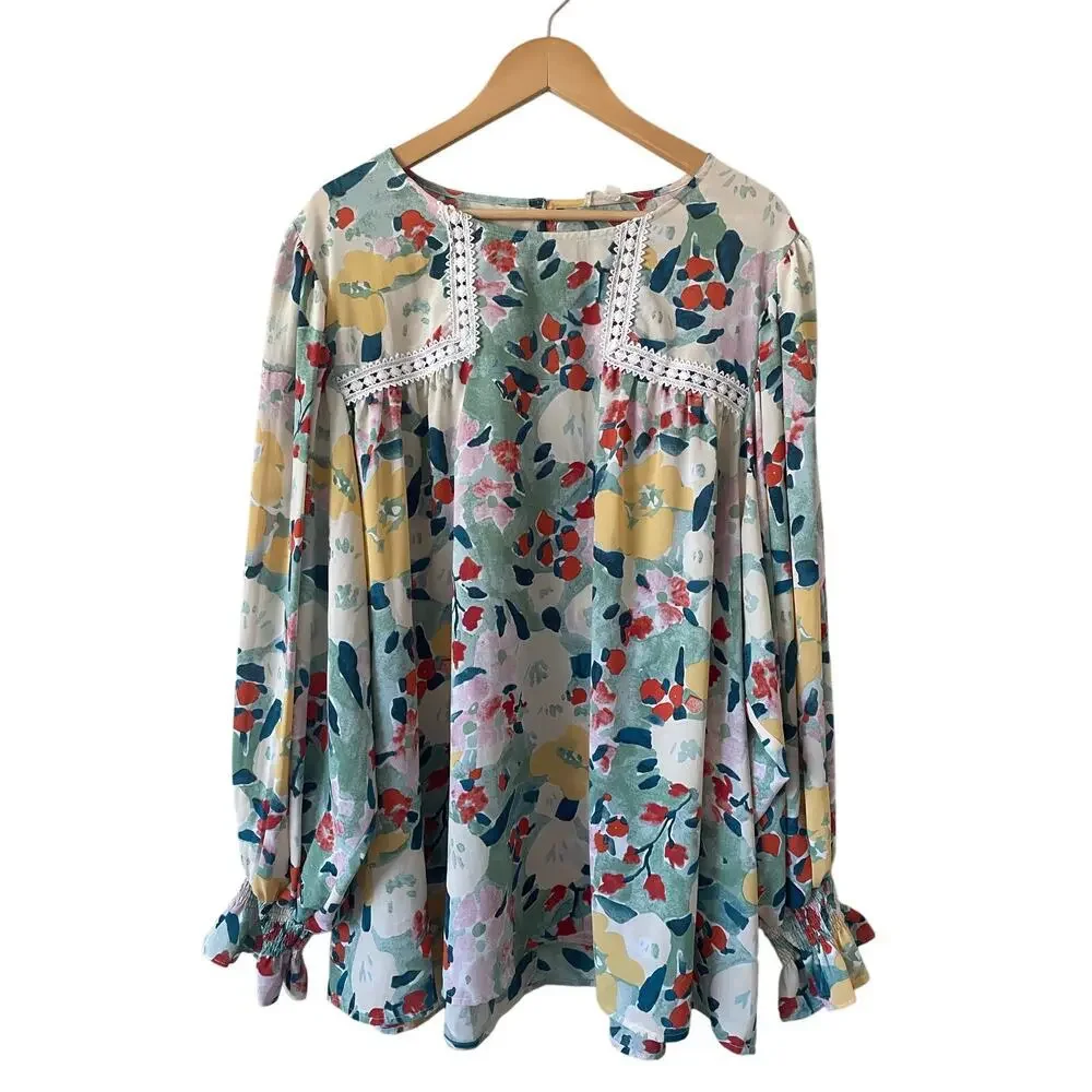 Entro Floral Crochet Detail Smocked Blouse Top Spring Boho Flowy Office Career - Picture 3 of 8